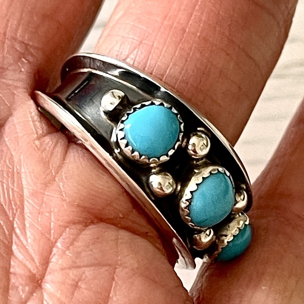 Navajo Turquoise Mens Band Sz 12 Three Stone Ring 12mm Sterling Dark Native 5g - Picture 4 of 5